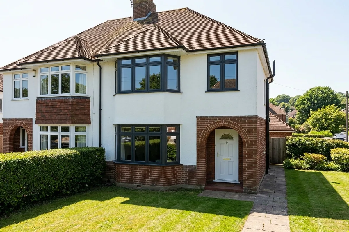 1930s rendered house with new slim grey aluminium casement windows in bright sunshine