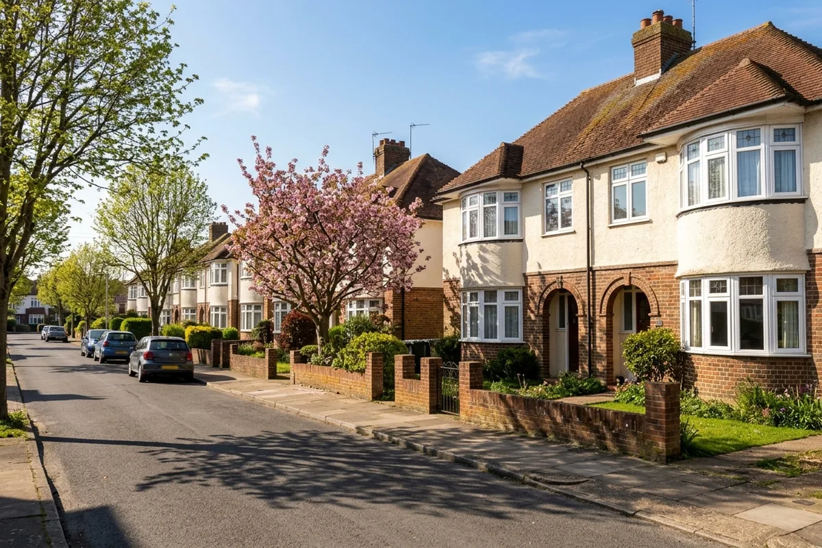 Street of 1930s semi-detached houses with bay windows and front gardens
