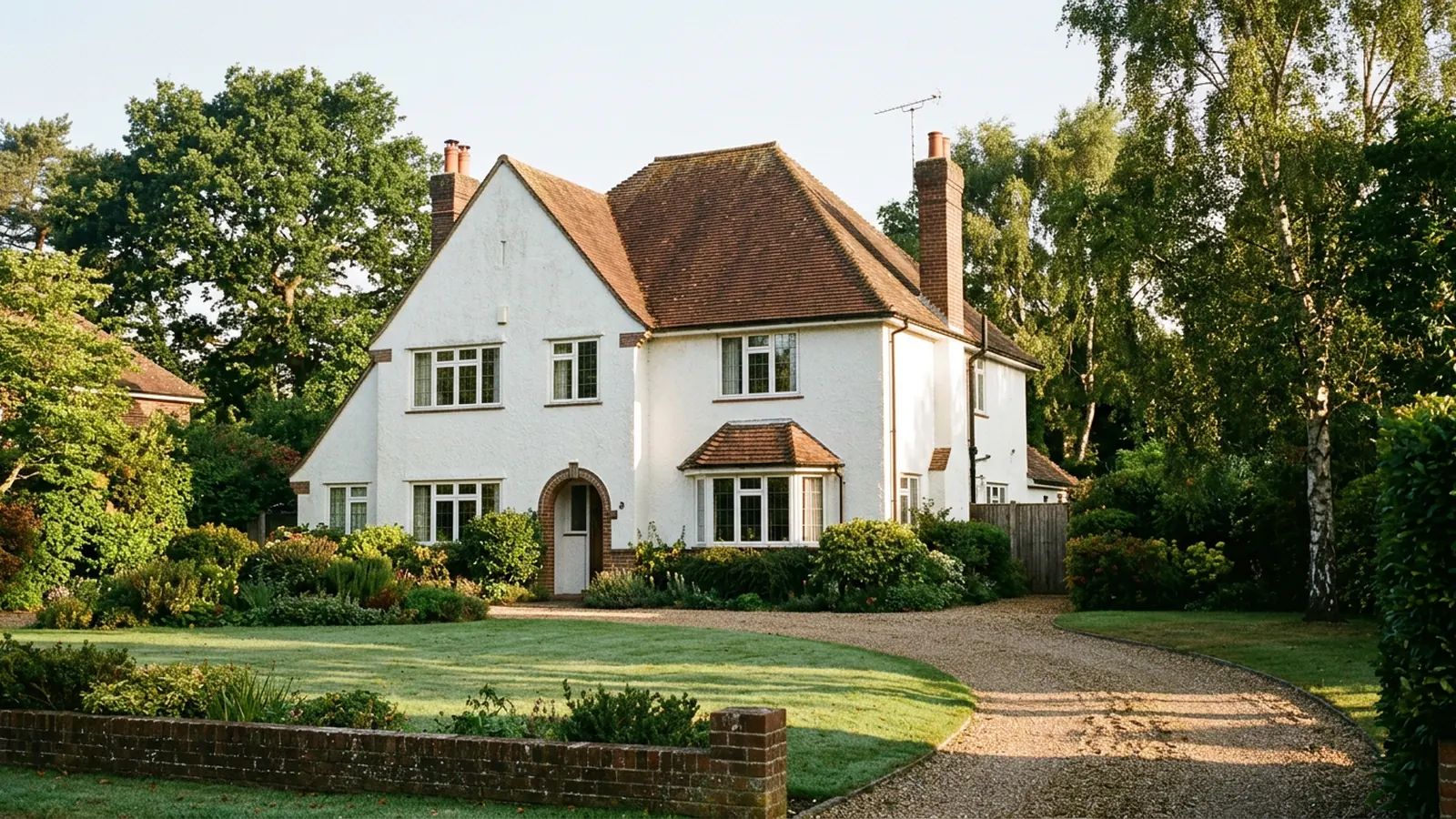 1930s white rendered detached house with a clay tiled roof and a gravel drive in sunshine