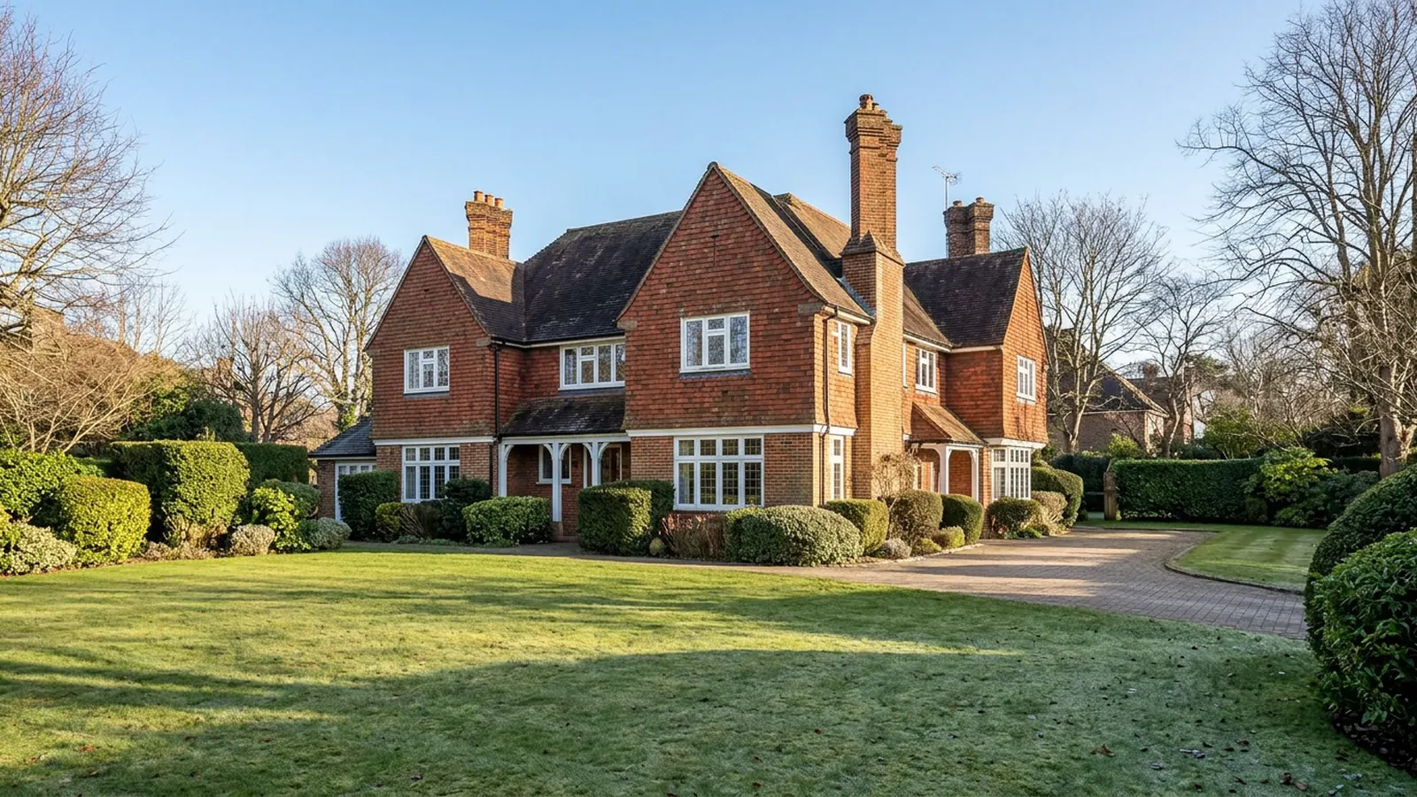 Large brick Arts and Crafts house with tall chimneys and a lawn in winter sunshine