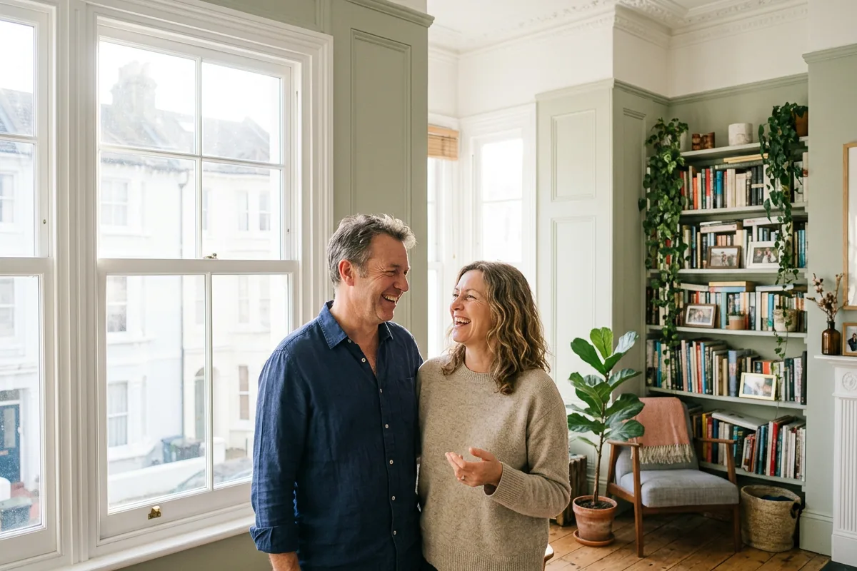 Couple talking beside a tall white sash window in a bright living room