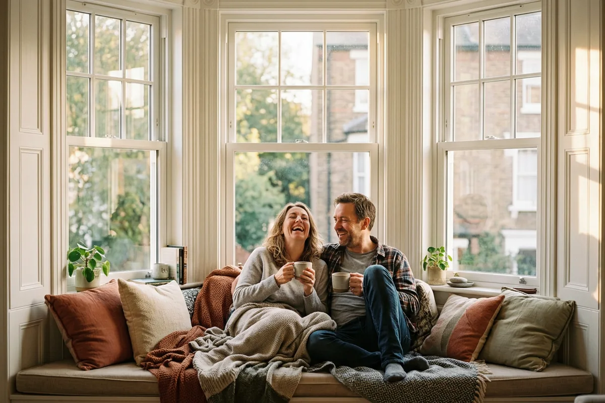 Couple with mugs of tea relaxing on a window seat in a sunny bay window