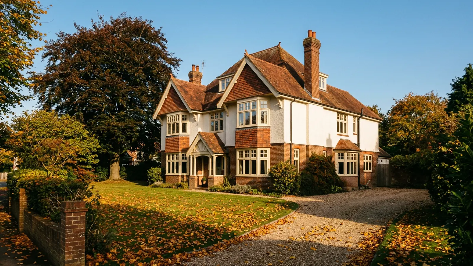 Edwardian brick house with white painted casement windows and a front garden in autumn sunshine