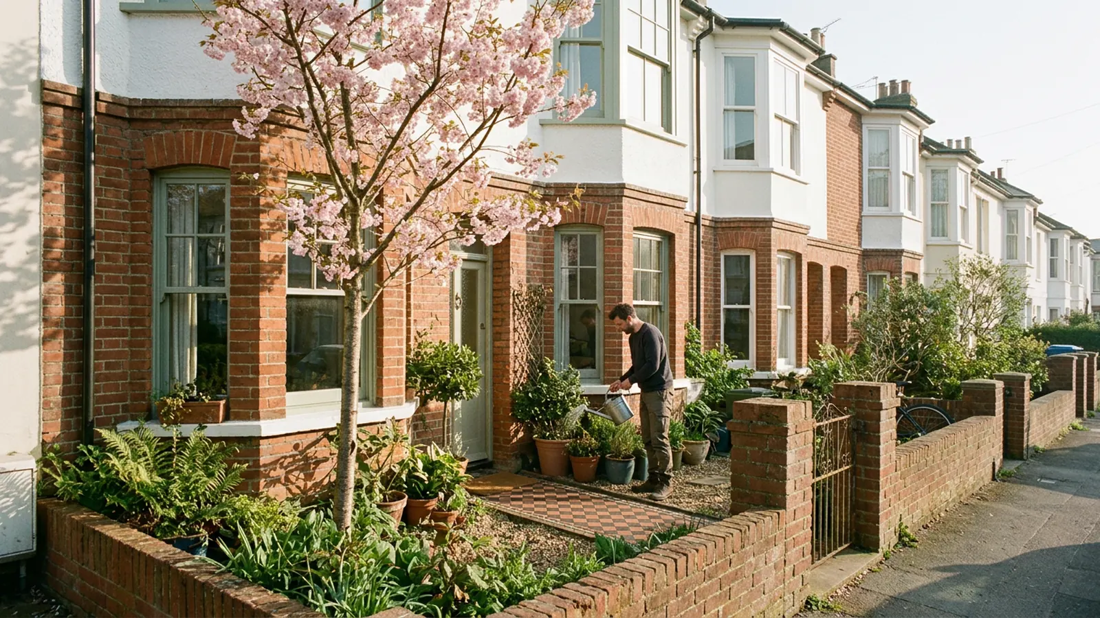 Edwardian terrace with sage green flush casement windows behind a spring garden