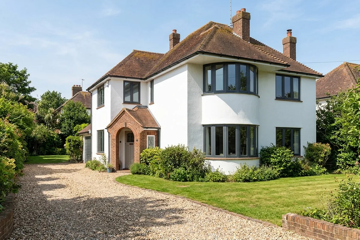 1930s detached house with slim anthracite aluminium windows and a curved bay in sunshine