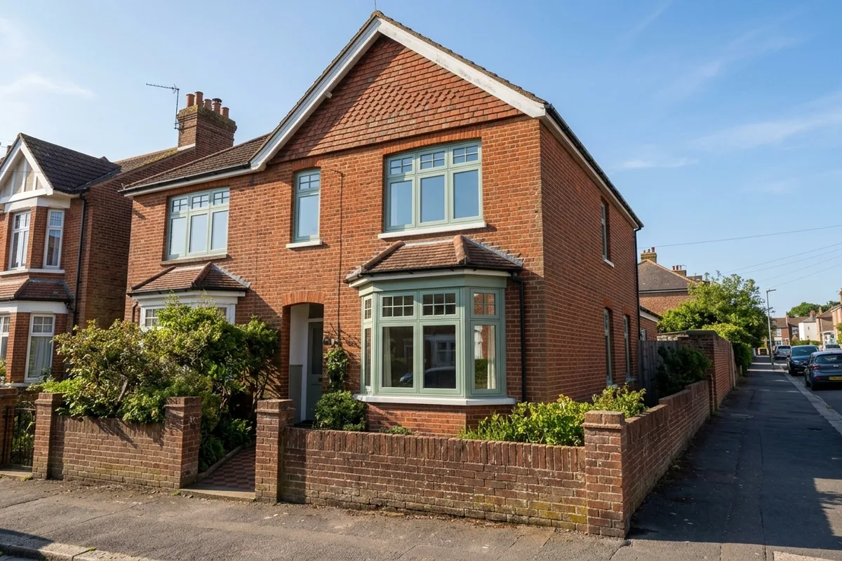 Edwardian semi-detached house with sage green casement windows on both floors