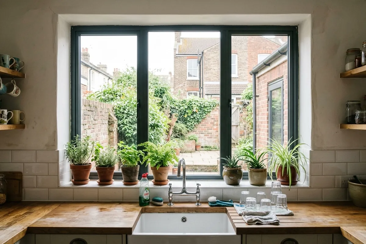 Slim anthracite aluminium window above a kitchen sink, looking onto a small garden