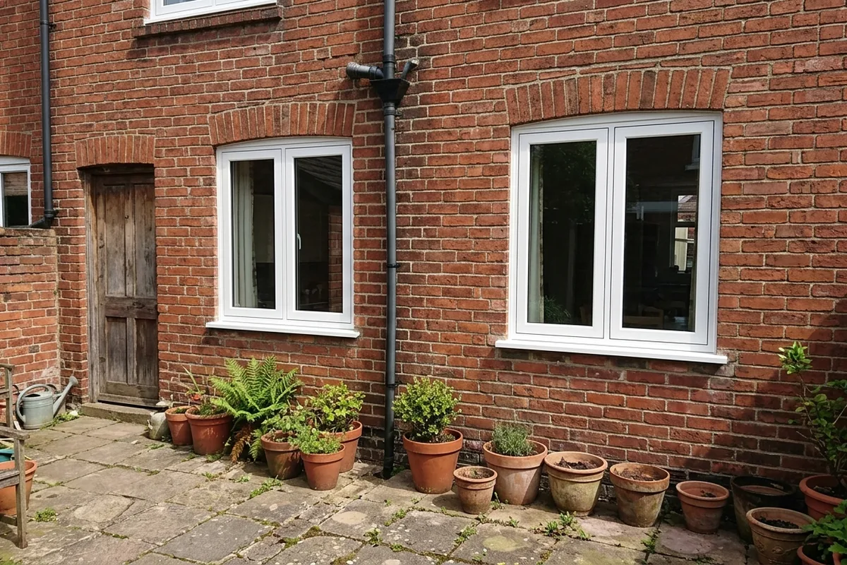 Two white flush casement windows on the back wall of a brick house above a paved yard