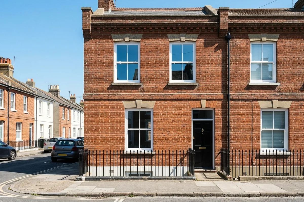 Victorian red brick terraced house with three new white sash windows across the front