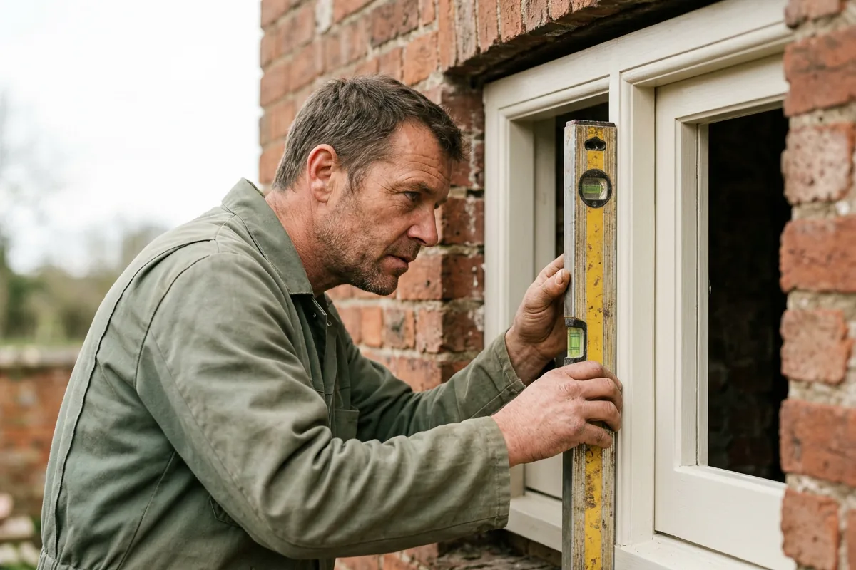 Window fitter checking a new timber window frame with a spirit level