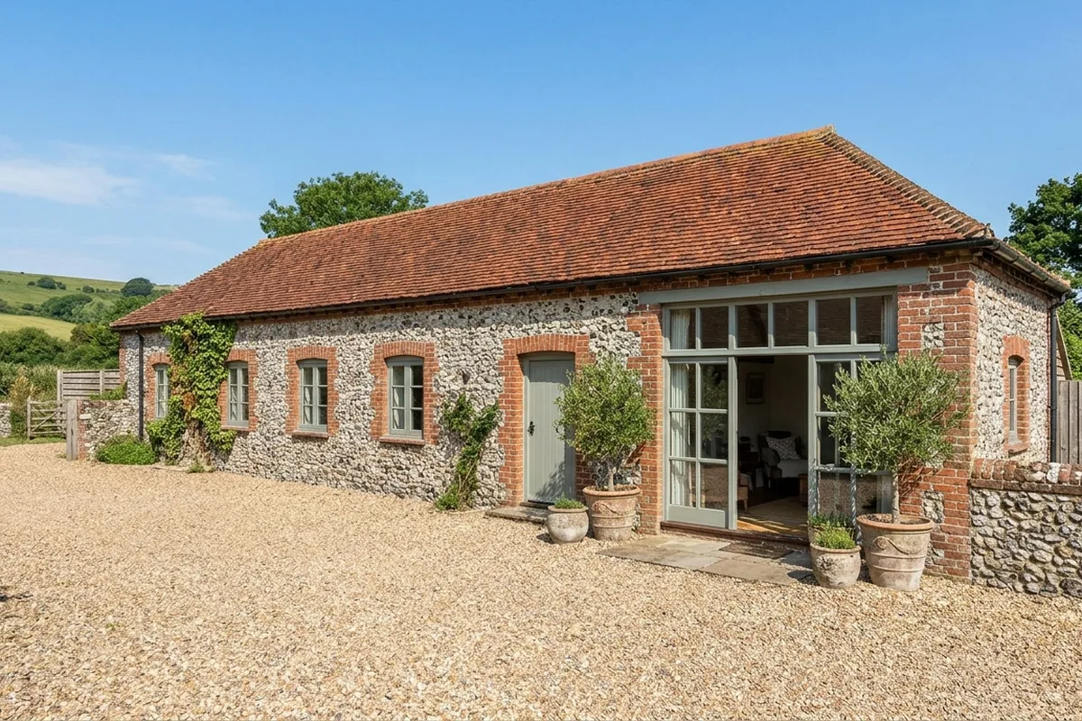 Converted flint barn with slim painted timber casement windows and a gravel yard in sunshine