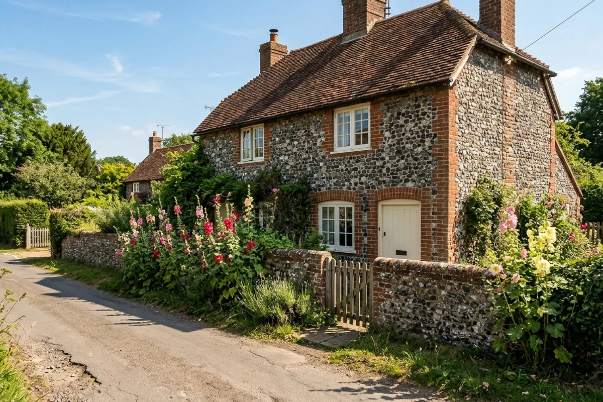 Flint cottage with red brick dressings and white painted casement windows on a sunny day