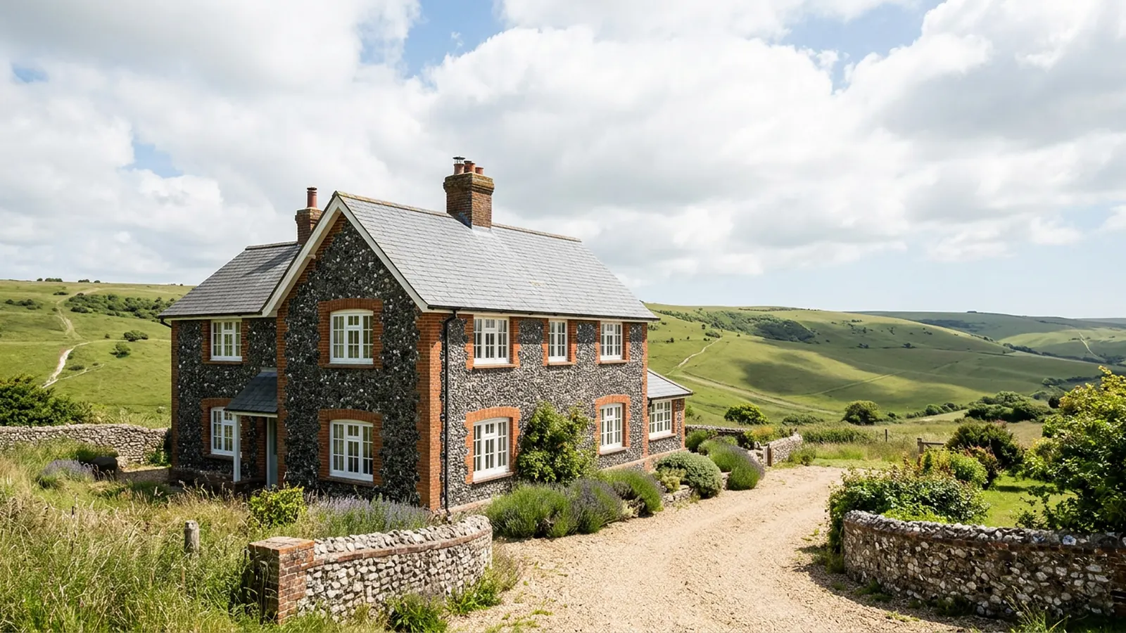 Flint and brick house with white casement windows below open downland on a sunny day