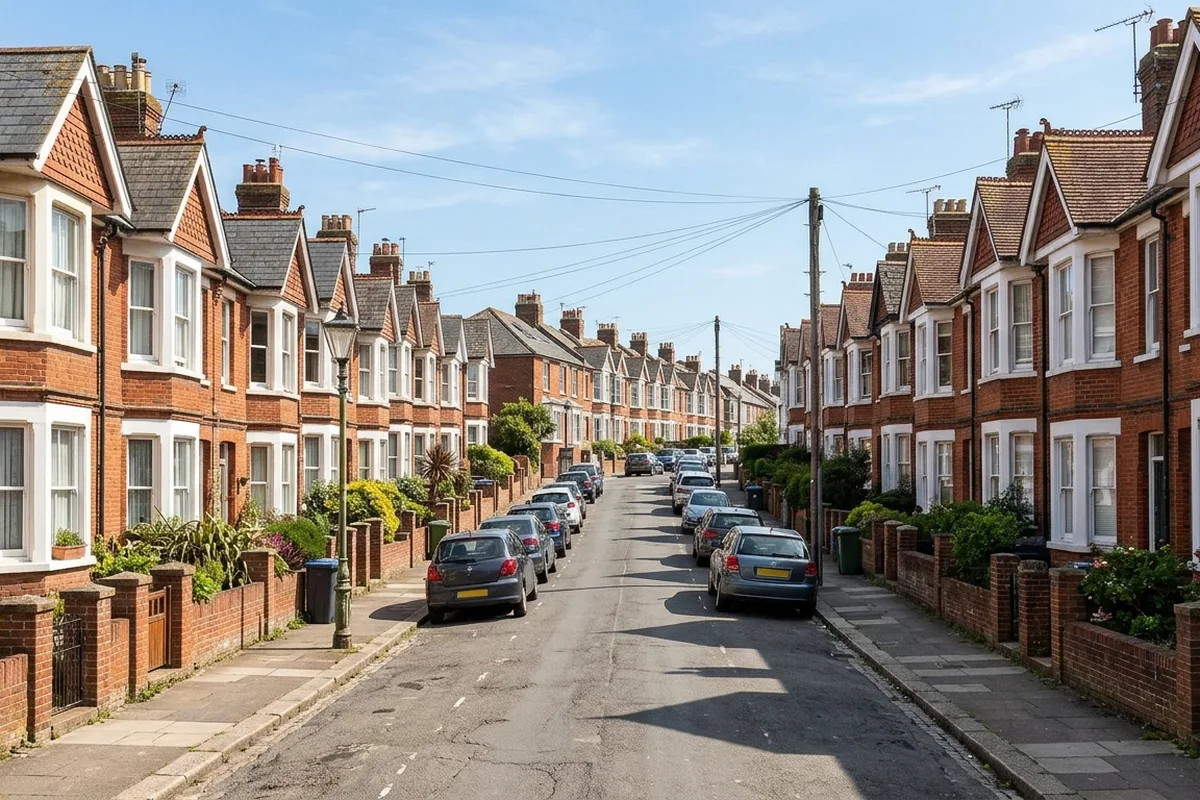 Hillside terraced houses with tile-hung gables and bay windows on a sunny day