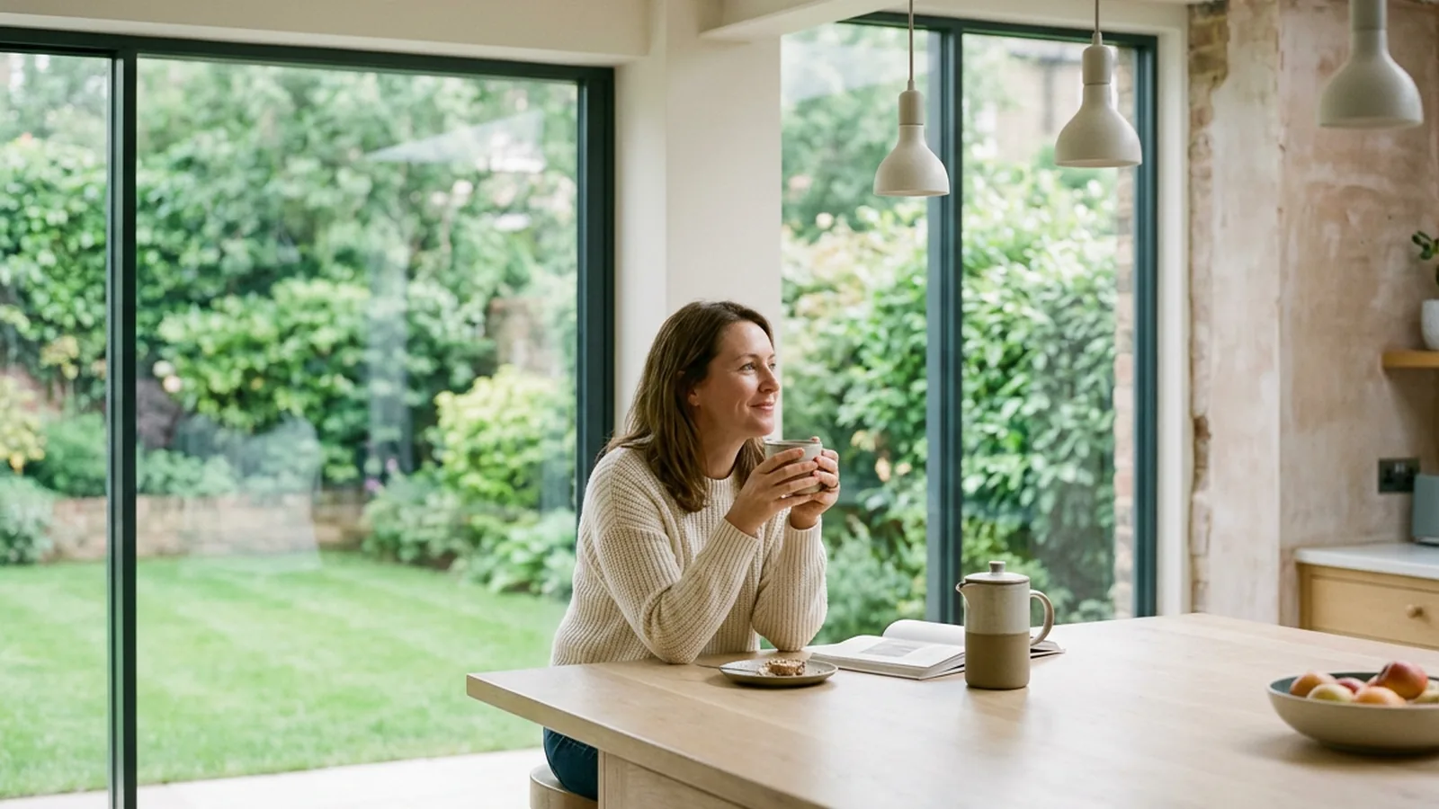 Woman with a coffee in a kitchen extension with slim dark aluminium glazing onto the garden