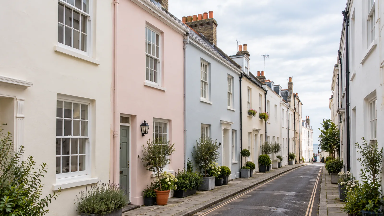 Row of pastel painted Regency cottages with white sash windows on a sunny street
