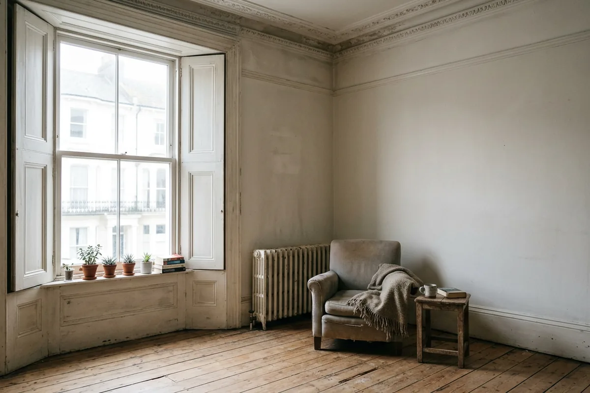 Tall sash window with folding shutters in a quiet period room