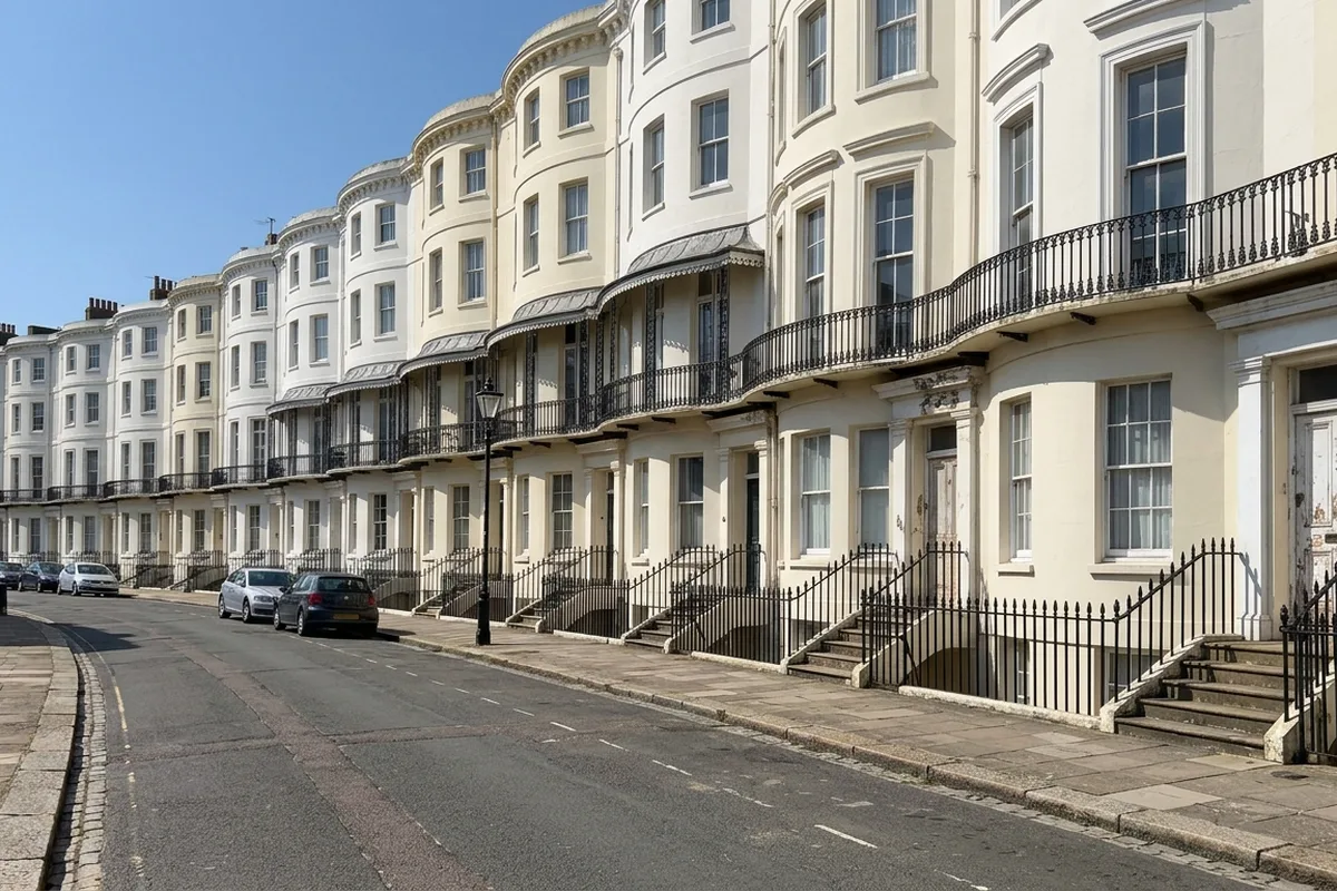 Cream stucco bow-fronted townhouses with white sash windows and iron balconies