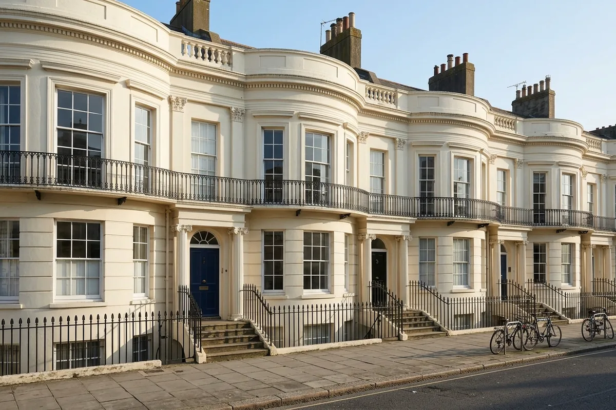 Cream stucco Regency bow-fronted houses with white timber sash windows and black iron balconies under a blue sky