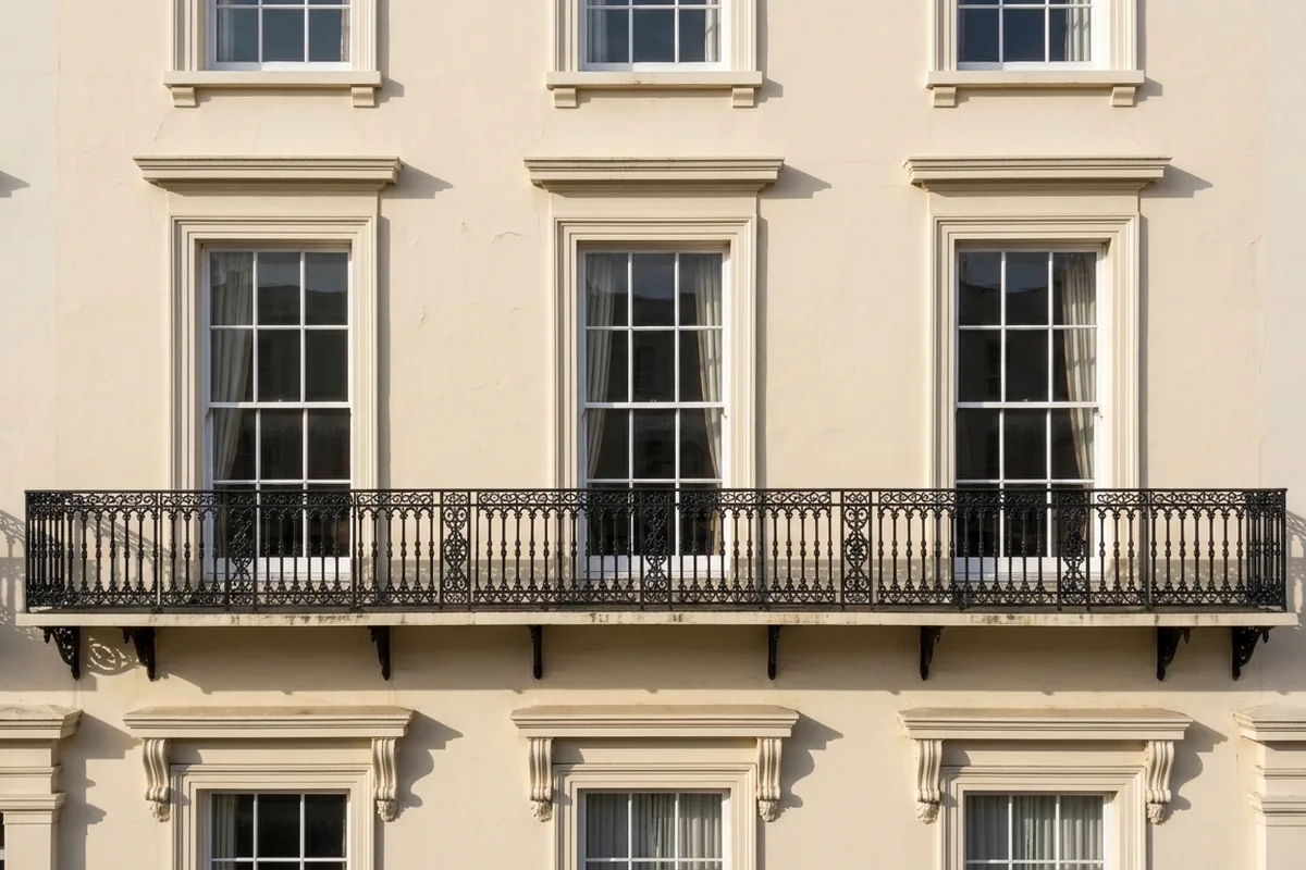 Three tall white sash windows above a black iron balcony on a cream stucco facade