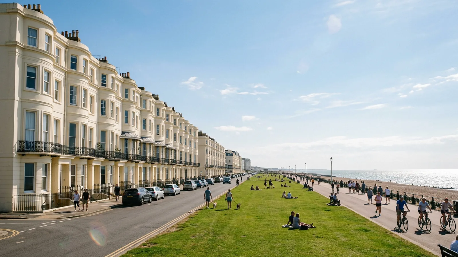 Long cream Regency terrace with sash windows facing lawns and the sea on a sunny day