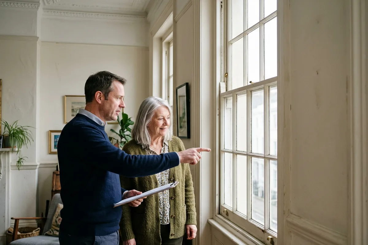 Surveyor pointing out the details of an original sash window to a homeowner