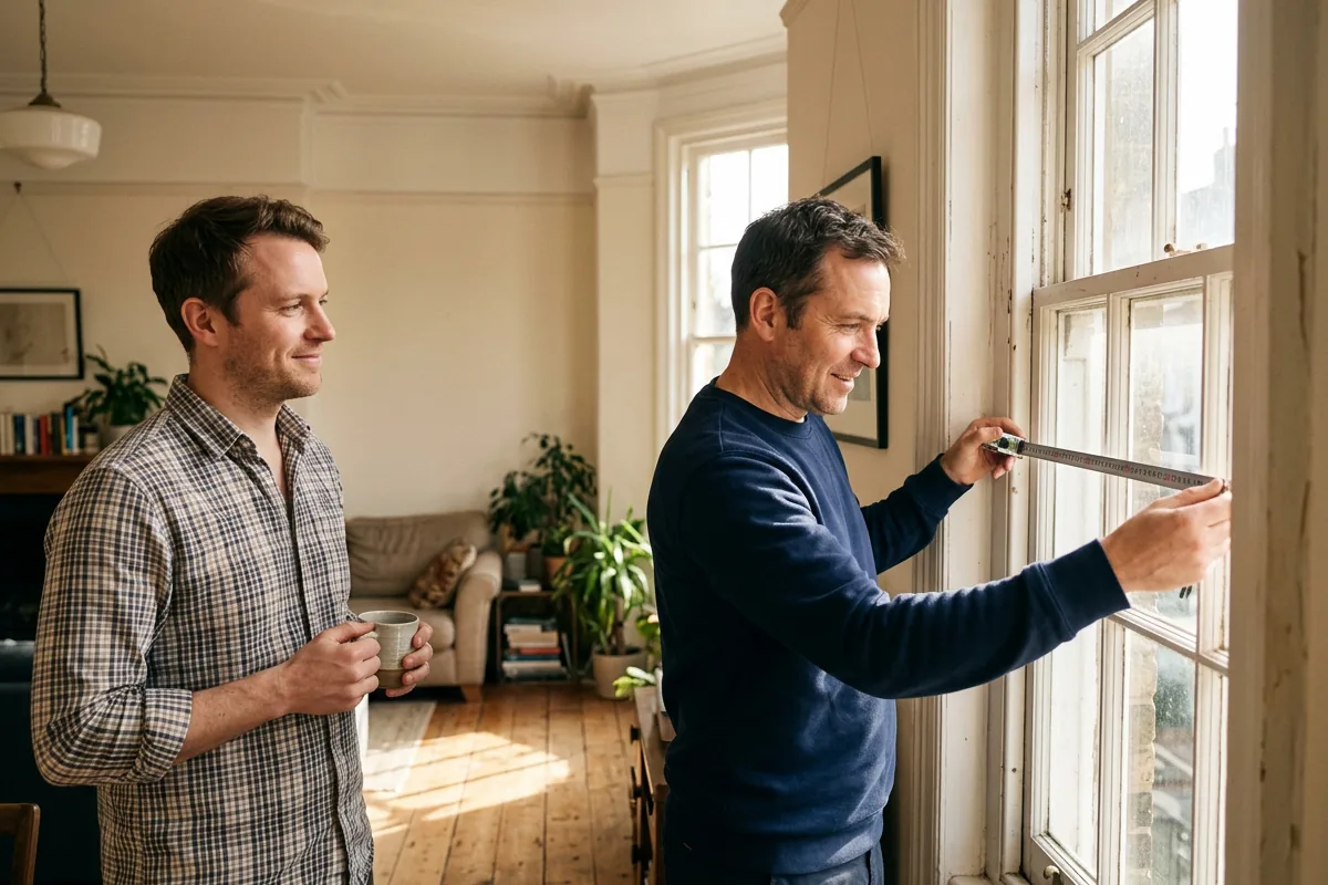 Surveyor measuring a sash window with a tape while the homeowner looks on