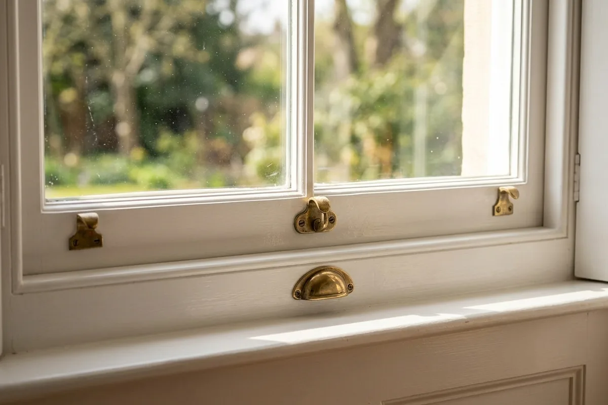 Close-up of a newly painted timber sash window with its horn and brass sash lift in morning light