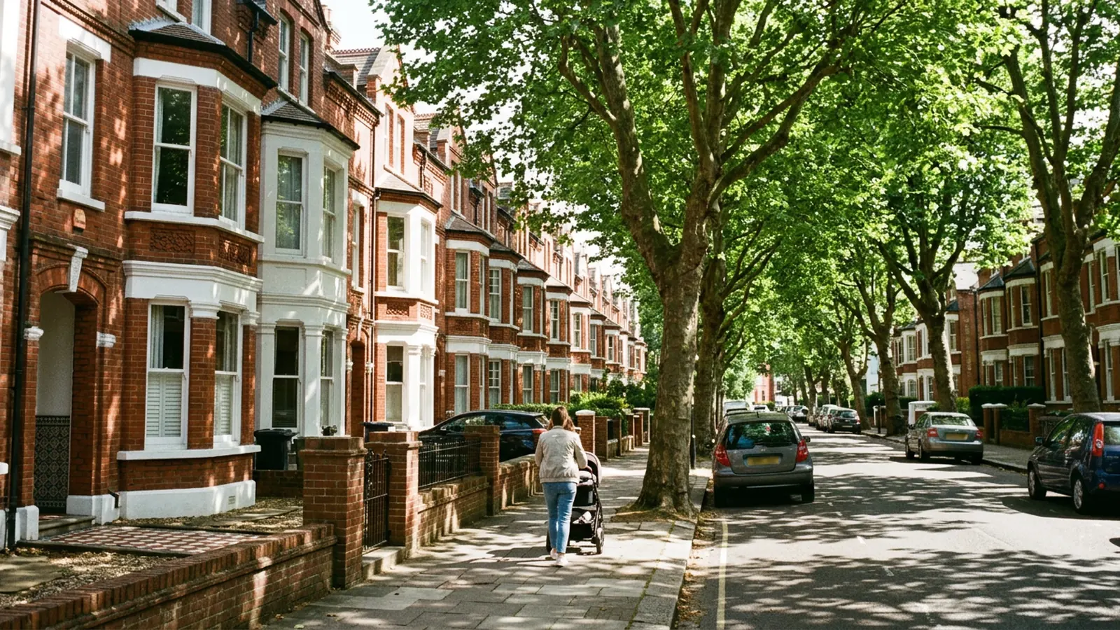 Tree-lined street of red brick Victorian terraced houses with bay windows in summer sun