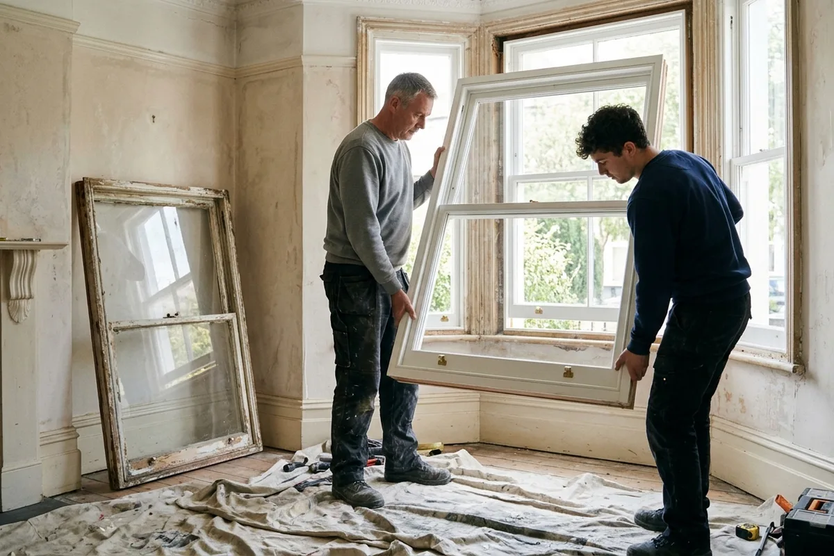 Two window fitters lifting a new sash into a box frame from inside a sunny room