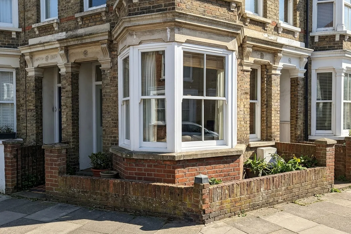 Canted Victorian bay window with three new white sashes on a solid brick base in sunshine