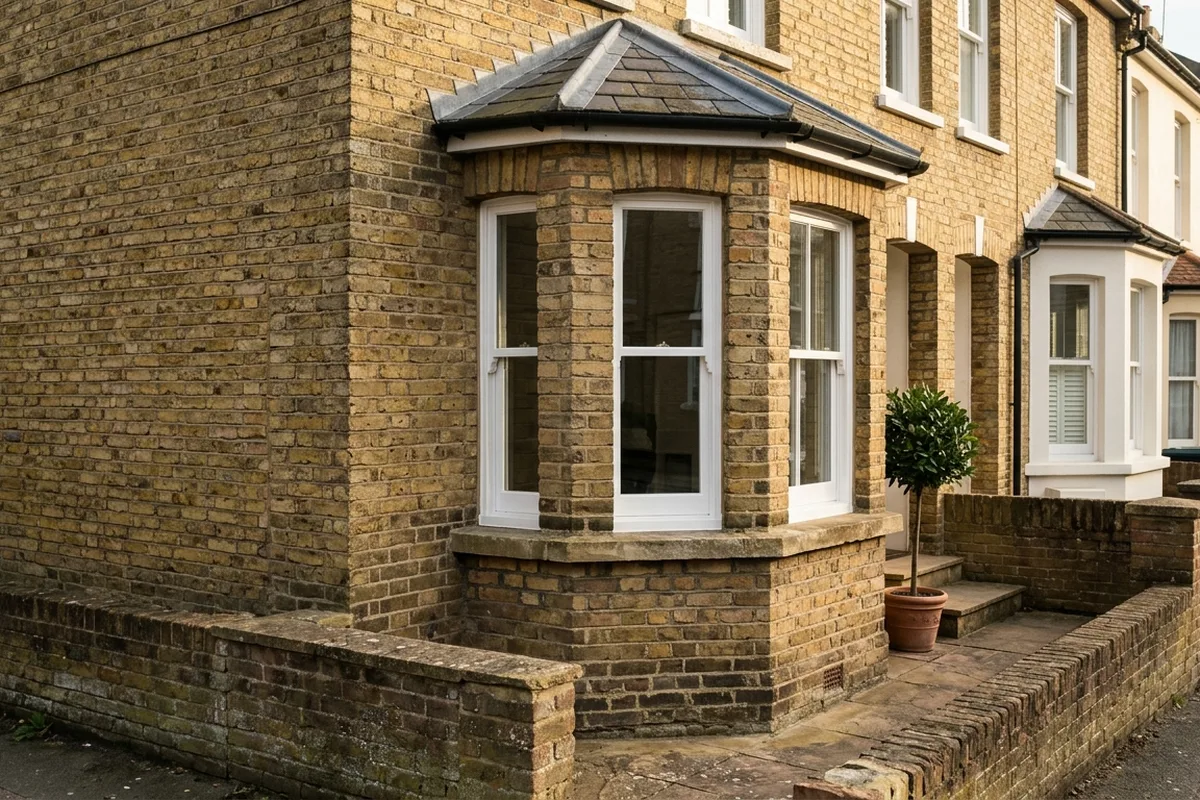 Painted timber canted bay window with three sashes on a Victorian terraced house