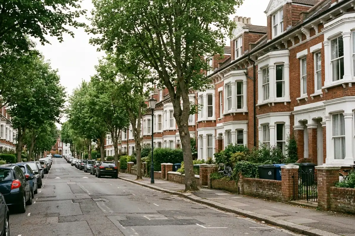 Victorian terraced houses with white painted bay windows in summer sunshine