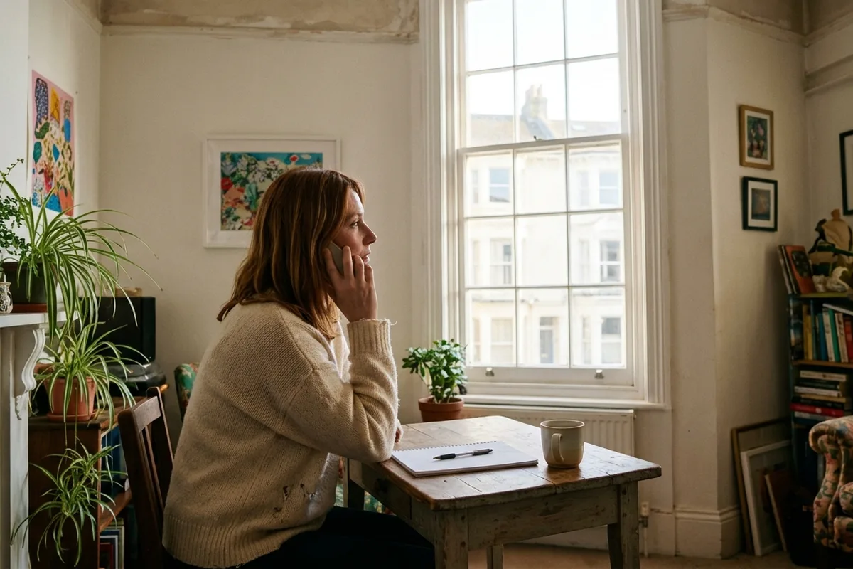 Woman on the phone at a table beside a sunny sash window